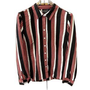 Pendleton Shirt Women 14 Petite Striped Button Up Silk Long Sleeve Red Black